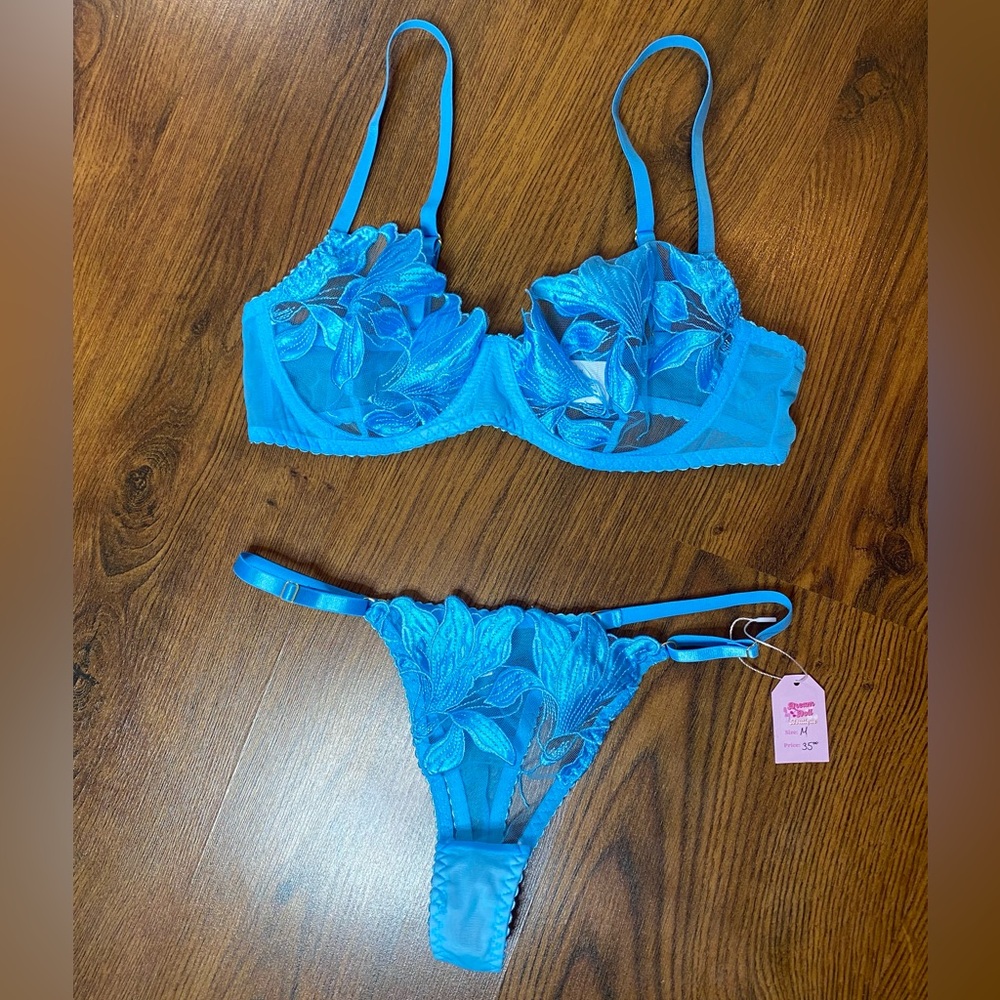 🎀🌷 Sky Blue Sheer Satin Floral Embroidery Sexy 2 Pc Lingerie Set 🌷🎀 NWT